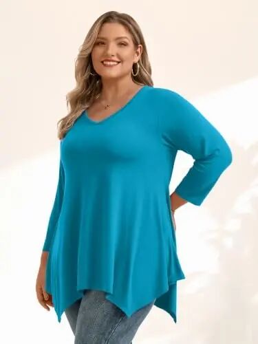 LARACE Plus Size V-Neck 3/4 Sleeve Asymmetrical Tunic Tops for Women | 95% Rayon, 5% Spandex, Breathable, Stretchy, Flowy Hem Hides Belly and Hips, Casual, Fall, Winter, for Leggings, L-5X - LARACE (1)