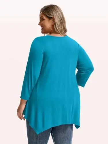 LARACE Plus Size V-Neck 3/4 Sleeve Asymmetrical Tunic Tops for Women | 95% Rayon, 5% Spandex, Breathable, Stretchy, Flowy Hem Hides Belly and Hips, Casual, Fall, Winter, for Leggings, L-5X - 3