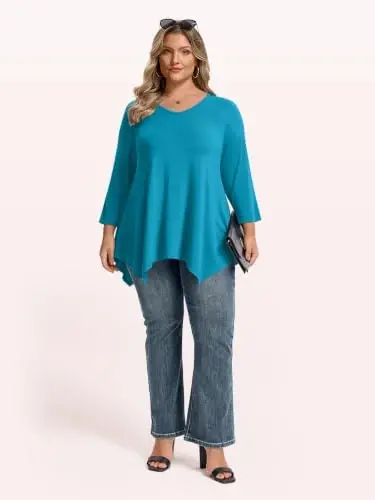 LARACE Plus Size V-Neck 3/4 Sleeve Asymmetrical Tunic Tops for Women | 95% Rayon, 5% Spandex, Breathable, Stretchy, Flowy Hem Hides Belly and Hips, Casual, Fall, Winter, for Leggings, L-5X - 4