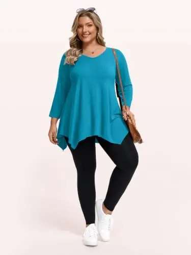 LARACE Plus Size V-Neck 3/4 Sleeve Asymmetrical Tunic Tops for Women | 95% Rayon, 5% Spandex, Breathable, Stretchy, Flowy Hem Hides Belly and Hips, Casual, Fall, Winter, for Leggings, L-5X - 5