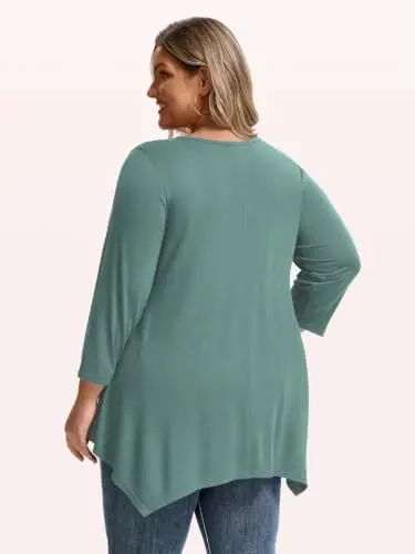 LARACE Plus Size V-Neck 3/4 Sleeve Asymmetrical Tunic Tops for Women | 95% Rayon, 5% Spandex, Breathable, Stretchy, Flowy Hem Hides Belly and Hips, Casual, Fall, Winter, for Leggings, L-5X - 3