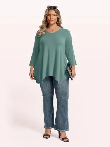 LARACE Plus Size V-Neck 3/4 Sleeve Asymmetrical Tunic Tops for Women | 95% Rayon, 5% Spandex, Breathable, Stretchy, Flowy Hem Hides Belly and Hips, Casual, Fall, Winter, for Leggings, L-5X - 4