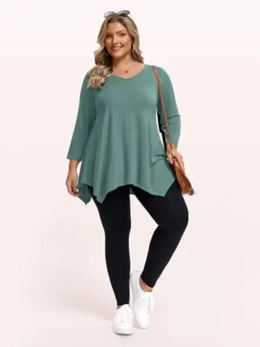LARACE Plus Size V-Neck 3/4 Sleeve Asymmetrical Tunic Tops for Women | 95% Rayon, 5% Spandex, Breathable, Stretchy, Flowy Hem Hides Belly and Hips, Casual, Fall, Winter, for Leggings, L-5X - 5