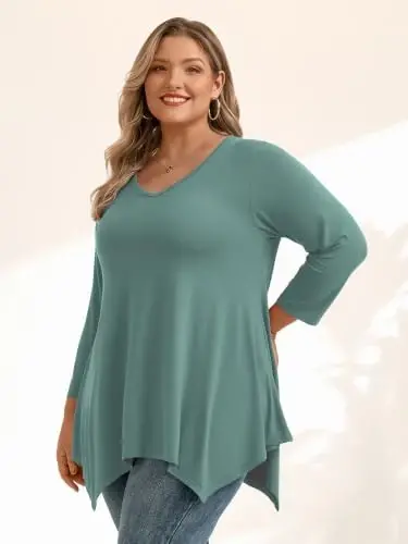 LARACE Plus Size V-Neck 3/4 Sleeve Asymmetrical Tunic Tops for Women | 95% Rayon, 5% Spandex, Breathable, Stretchy, Flowy Hem Hides Belly and Hips, Casual, Fall, Winter, for Leggings, L-5X - LARACE (1)