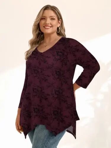 LARACE Plus Size V-Neck 3/4 Sleeve Asymmetrical Tunic Tops for Women | 95% Rayon, 5% Spandex, Breathable, Stretchy, Flowy Hem Hides Belly and Hips, Casual, Fall, Winter, for Leggings, L-5X - LARACE (1)