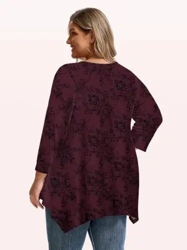 LARACE Plus Size V-Neck 3/4 Sleeve Asymmetrical Tunic Tops for Women | 95% Rayon, 5% Spandex, Breathable, Stretchy, Flowy Hem Hides Belly and Hips, Casual, Fall, Winter, for Leggings, L-5X - 3