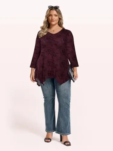 LARACE Plus Size V-Neck 3/4 Sleeve Asymmetrical Tunic Tops for Women | 95% Rayon, 5% Spandex, Breathable, Stretchy, Flowy Hem Hides Belly and Hips, Casual, Fall, Winter, for Leggings, L-5X - 4