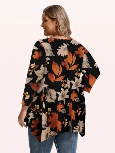 LARACE Plus Size V-Neck 3/4 Sleeve Asymmetrical Tunic Tops for Women | 95% Rayon, 5% Spandex, Breathable, Stretchy, Flowy Hem Hides Belly and Hips, Casual, Fall, Winter, for Leggings, L-5X - 3