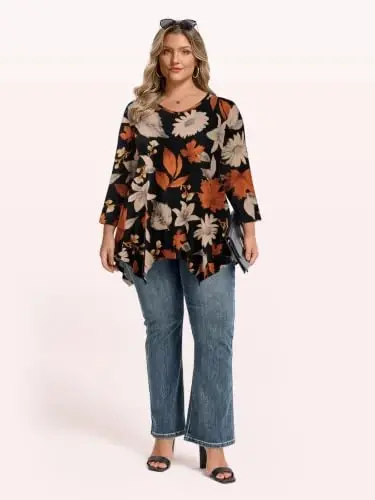 LARACE Plus Size V-Neck 3/4 Sleeve Asymmetrical Tunic Tops for Women | 95% Rayon, 5% Spandex, Breathable, Stretchy, Flowy Hem Hides Belly and Hips, Casual, Fall, Winter, for Leggings, L-5X - 4