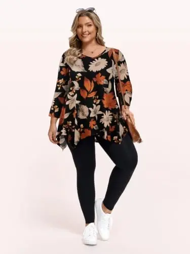 LARACE Plus Size V-Neck 3/4 Sleeve Asymmetrical Tunic Tops for Women | 95% Rayon, 5% Spandex, Breathable, Stretchy, Flowy Hem Hides Belly and Hips, Casual, Fall, Winter, for Leggings, L-5X - 5