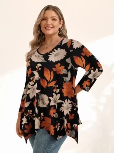 LARACE Plus Size V-Neck 3/4 Sleeve Asymmetrical Tunic Tops for Women | 95% Rayon, 5% Spandex, Breathable, Stretchy, Flowy Hem Hides Belly and Hips, Casual, Fall, Winter, for Leggings, L-5X - LARACE (1)