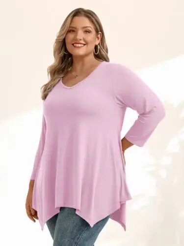 LARACE Plus Size V-Neck 3/4 Sleeve Asymmetrical Tunic Tops for Women | 95% Rayon, 5% Spandex, Breathable, Stretchy, Flowy Hem Hides Belly and Hips, Casual, Fall, Winter, for Leggings, L-5X - LARACE (1)