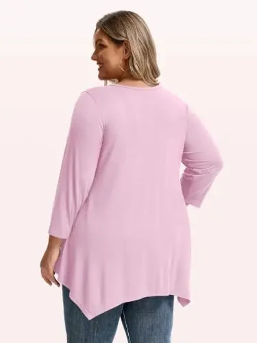 LARACE Plus Size V-Neck 3/4 Sleeve Asymmetrical Tunic Tops for Women | 95% Rayon, 5% Spandex, Breathable, Stretchy, Flowy Hem Hides Belly and Hips, Casual, Fall, Winter, for Leggings, L-5X - 3