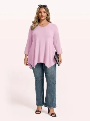 LARACE Plus Size V-Neck 3/4 Sleeve Asymmetrical Tunic Tops for Women | 95% Rayon, 5% Spandex, Breathable, Stretchy, Flowy Hem Hides Belly and Hips, Casual, Fall, Winter, for Leggings, L-5X - 4