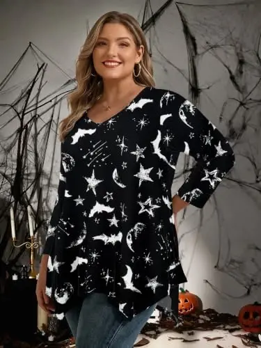 LARACE Plus Size V-Neck 3/4 Sleeve Asymmetrical Tunic Tops for Women | 95% Rayon, 5% Spandex, Breathable, Stretchy, Flowy Hem Hides Belly and Hips, Casual, Fall, Winter, for Leggings, L-5X - LARACE (1)