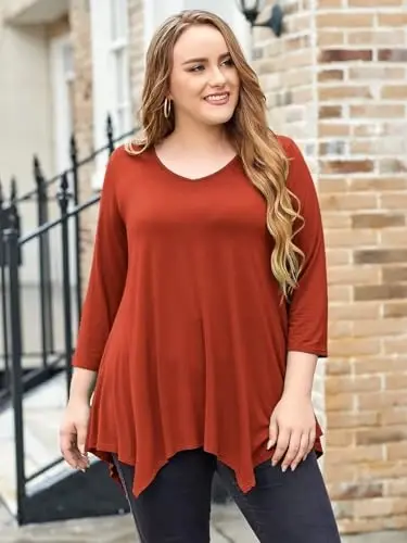 LARACE Plus Size Женские топы Туника Асимметричные блузки Рубашки с рукавом 3/4 V-образный вырез Свободная женская одежда для леггинсов - 4