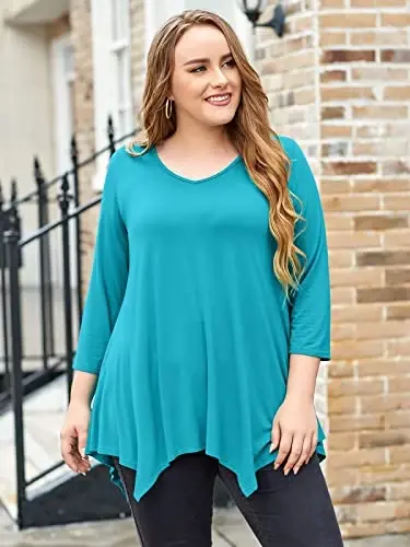 LARACE Plus Size Женские топы Туника Асимметричные блузки Рубашки с рукавом 3/4 V-образный вырез Свободная женская одежда для леггинсов - 4