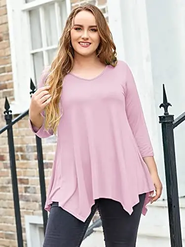 LARACE Plus Size Женские топы, туники, асимметричные блузки, рукав 3/4, V-образный вырез, свободная женская одежда для леггинсов - 3