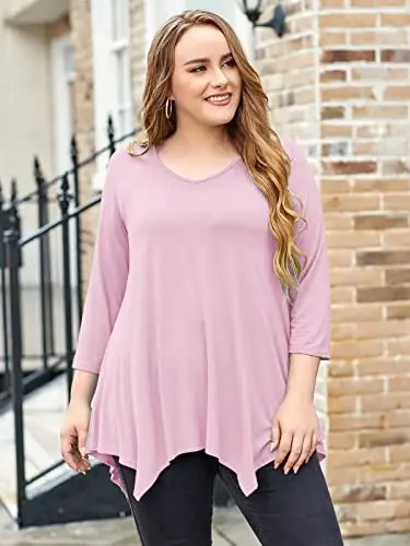 LARACE Plus Size Женские топы, туники, асимметричные блузки, рукав 3/4, V-образный вырез, свободная женская одежда для леггинсов - 4