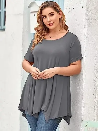LARACE Short Sleeve Shirts for Womens Plus Size Tops Casual Summer Clothes Asymmetrical Tunic Blouses - 5