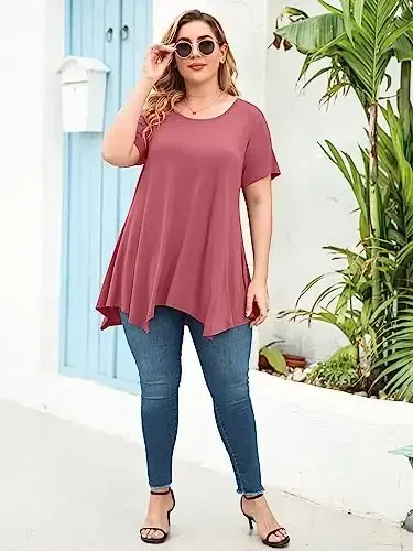 LARACE Short Sleeve Shirts for Womens Plus Size Tops Casual Summer Clothes Asymmetrical Tunic Blouses - 6