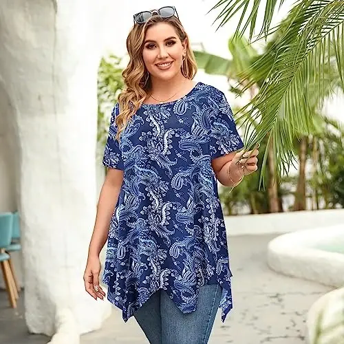 LARACE Short Sleeve Shirts for Womens Plus Size Tops Casual Summer Clothes Asymmetrical Tunic Blouses - 5