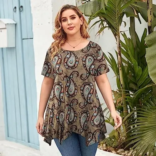 LARACE Short Sleeve Shirts for Womens Plus Size Tops Casual Summer Clothes Asymmetrical Tunic Blouses - 2
