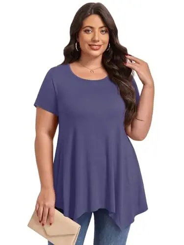 LARACE Short Sleeve Shirts for Womens Plus Size Tops Casual Summer Clothes Asymmetrical Tunic Blouses - 2