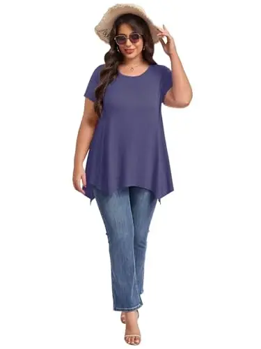 LARACE Short Sleeve Shirts for Womens Plus Size Tops Casual Summer Clothes Asymmetrical Tunic Blouses - 5