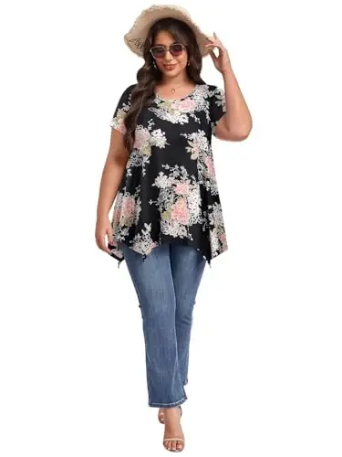 LARACE Short Sleeve Shirts for Womens Plus Size Tops Casual Summer Clothes Asymmetrical Tunic Blouses - 5