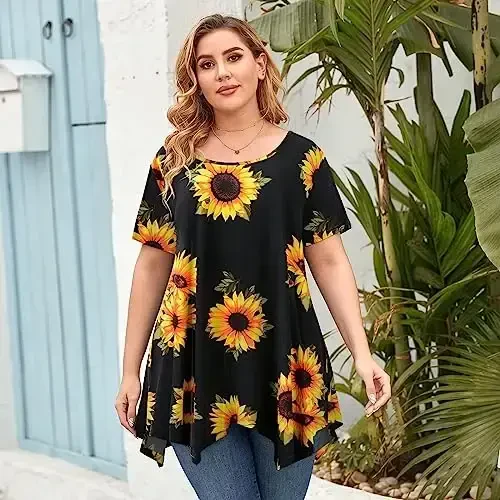 LARACE Short Sleeve Shirts for Womens Plus Size Tops Casual Summer Clothes Asymmetrical Tunic Blouses - 2