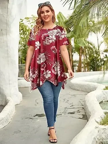 LARACE Short Sleeve Shirts for Womens Plus Size Tops Casual Summer Clothes Asymmetrical Tunic Blouses - 6