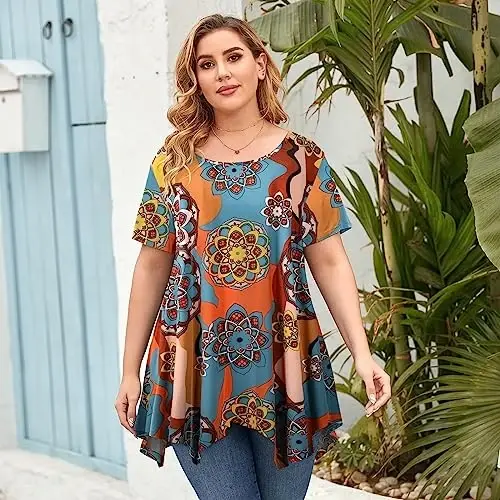 LARACE Short Sleeve Shirts for Womens Plus Size Tops Casual Summer Clothes Asymmetrical Tunic Blouses - 2