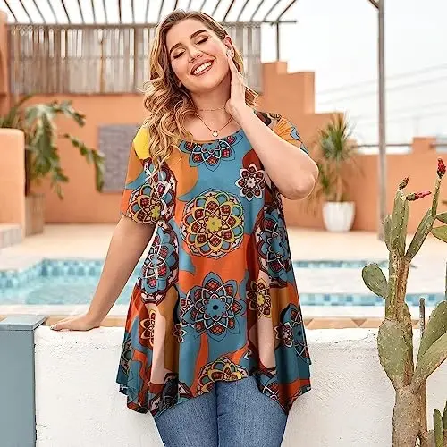 LARACE Short Sleeve Shirts for Womens Plus Size Tops Casual Summer Clothes Asymmetrical Tunic Blouses - 4