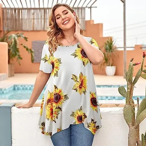 LARACE Short Sleeve Shirts for Womens Plus Size Tops Casual Summer Clothes Asymmetrical Tunic Blouses - 4