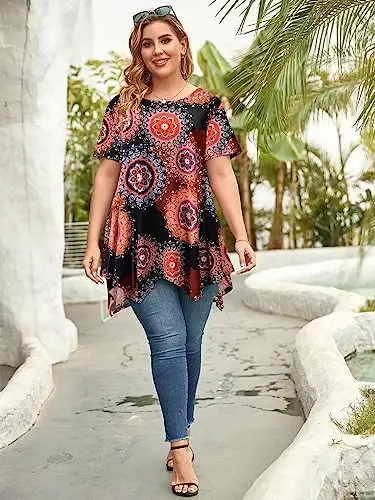 LARACE Short Sleeve Shirts for Womens Plus Size Tops Casual Summer Clothes Asymmetrical Tunic Blouses - 6