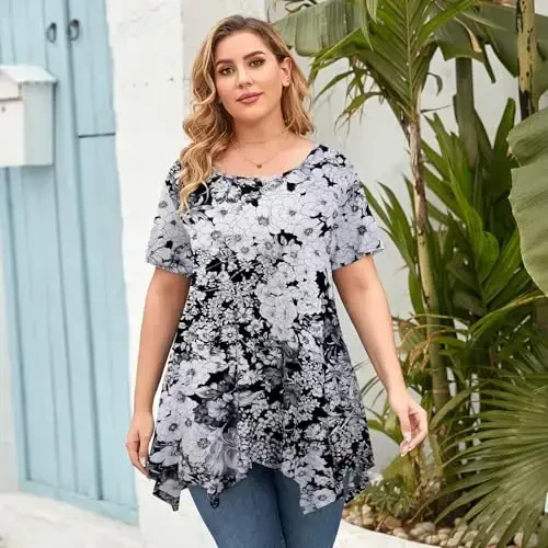 LARACE Short Sleeve Shirts for Womens Plus Size Tops Casual Summer Clothes Asymmetrical Tunic Blouses - 2