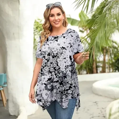 LARACE Short Sleeve Shirts for Womens Plus Size Tops Casual Summer Clothes Asymmetrical Tunic Blouses - 5