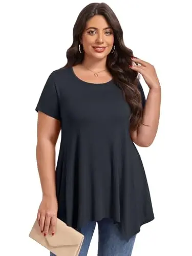 LARACE Short Sleeve Shirts for Womens Plus Size Tops Casual Summer Clothes Asymmetrical Tunic Blouses - 2