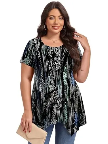 LARACE Short Sleeve Shirts for Womens Plus Size Tops Casual Summer Clothes Asymmetrical Tunic Blouses - 2