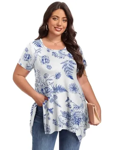 LARACE Short Sleeve Shirts for Womens Plus Size Tops Casual Summer Clothes Asymmetrical Tunic Blouses - 4