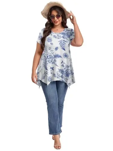 LARACE Short Sleeve Shirts for Womens Plus Size Tops Casual Summer Clothes Asymmetrical Tunic Blouses - 5