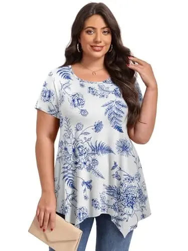 LARACE Short Sleeve Shirts for Womens Plus Size Tops Casual Summer Clothes Asymmetrical Tunic Blouses - 2