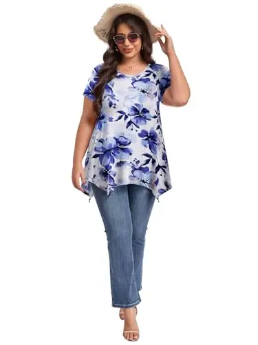 LARACE Short Sleeve Shirts for Womens Plus Size Tops Casual Summer Clothes Asymmetrical Tunic Blouses - 5