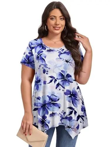 LARACE Short Sleeve Shirts for Womens Plus Size Tops Casual Summer Clothes Asymmetrical Tunic Blouses - 2