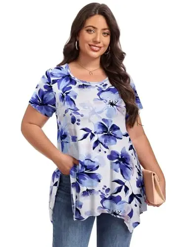 LARACE Short Sleeve Shirts for Womens Plus Size Tops Casual Summer Clothes Asymmetrical Tunic Blouses - 4