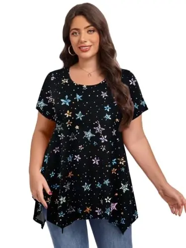 LARACE Short Sleeve Shirts for Womens Plus Size Tops Casual Summer Tunic | soft plus size tunic tops for women, loose fit, casual, asymmetrical hem, flattering, hides belly, great with leggings - 3