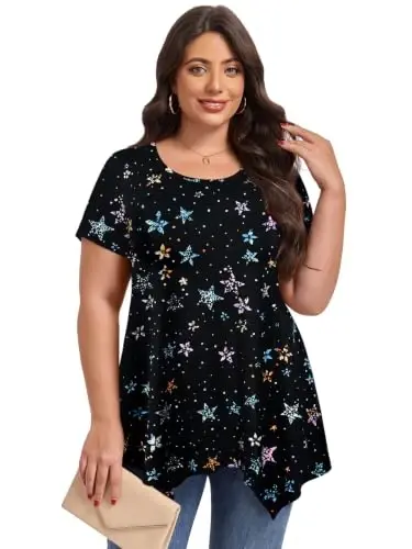 LARACE Short Sleeve Shirts for Womens Plus Size Tops Casual Summer Tunic | soft plus size tunic tops for women, loose fit, casual, asymmetrical hem, flattering, hides belly, great with leggings - LARACE (1)