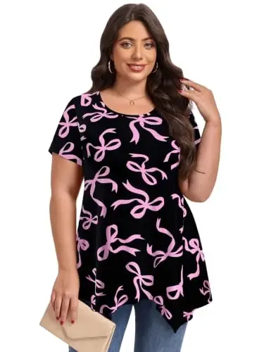 LARACE Short Sleeve Shirts for Womens Plus Size Tops Casual Summer Tunic | soft plus size tunic tops for women, loose fit, casual, asymmetrical hem, flattering, hides belly, great with leggings - LARACE (1)