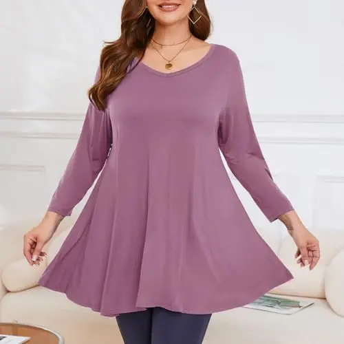 LARACE Tunikalar 3/4 yengli ayollar uchun katta o'lchamli ustki kiyimlar V bo'yinli keng bichimli leggings uchun erkin kiyimlar - 3